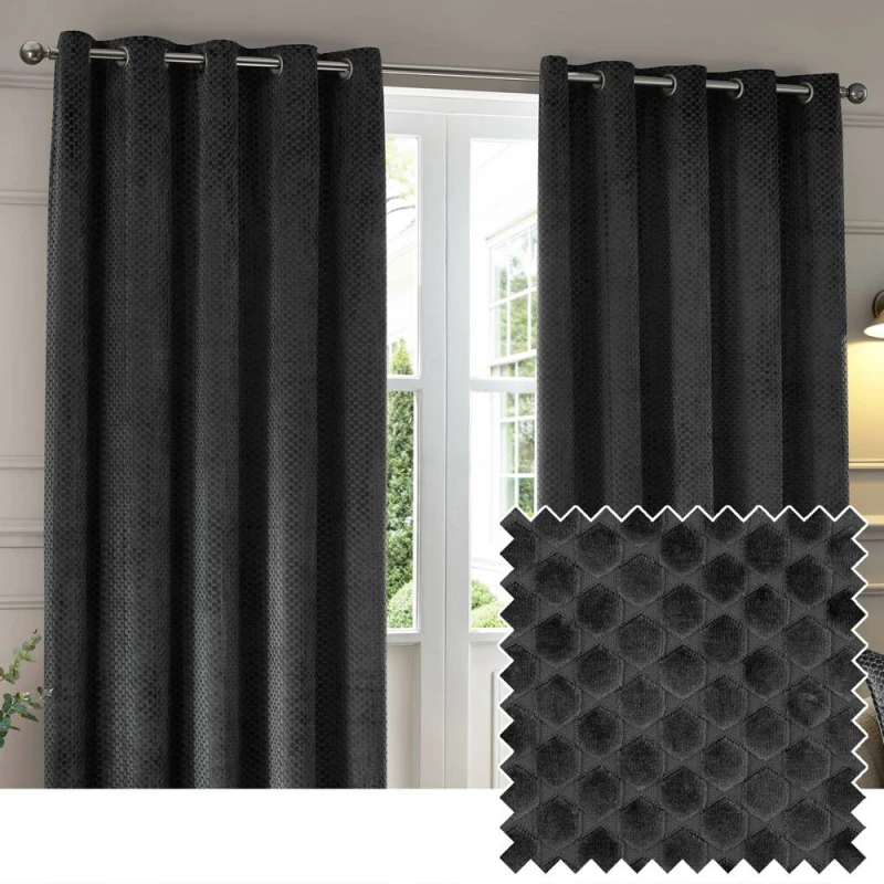 Image of Paoletti Neptune Velvet Ready Made Eyelet Blockout Curtains Charcoal