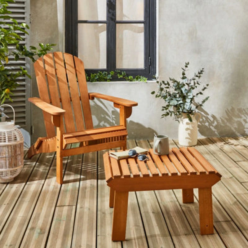 Image of sweeek Foldable Wooden Retro Garden Deck Chair With Side Table Light Brown