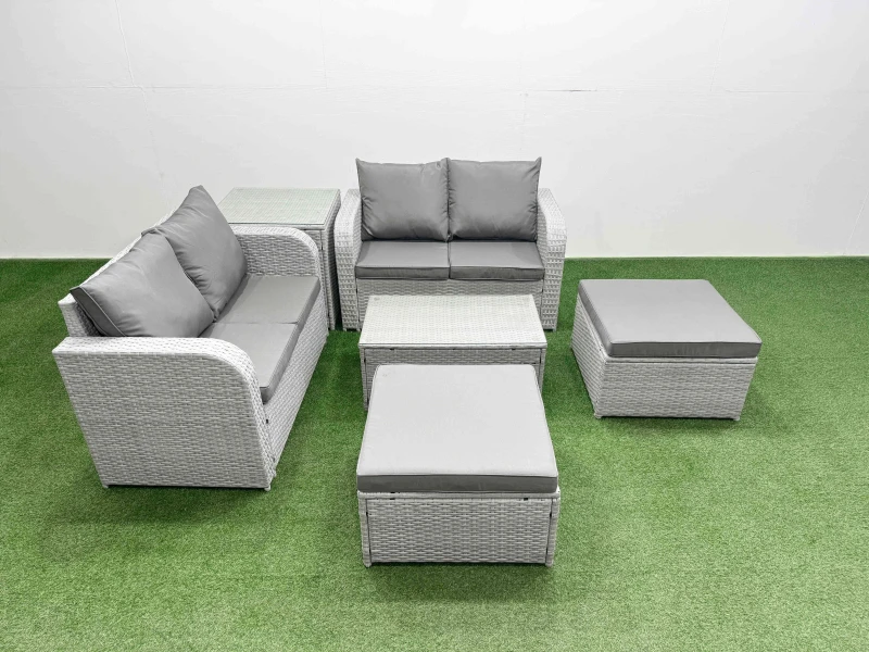 Image of Fimous 6 Seater Outdoor Love Sofa Set Rattan Garden Furniture Set with Rectangular Coffee Table 2 Footstool Side Table Light Grey Light Grey