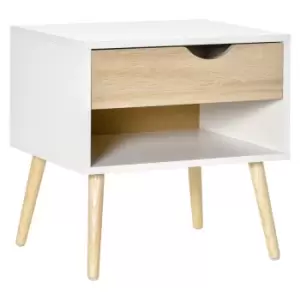 Image of Homcom Minimalist Style Bedside Table With Drawer And Shelf Oak And White Wood Legs