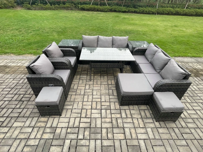 Image of Fimous Outdoor Garden Patio Furniture Wicker Rattan Oblong Rectangular Dining Table & Lounge Sofa set with Adjustable Chair 2 Side Tables in Dark Grey