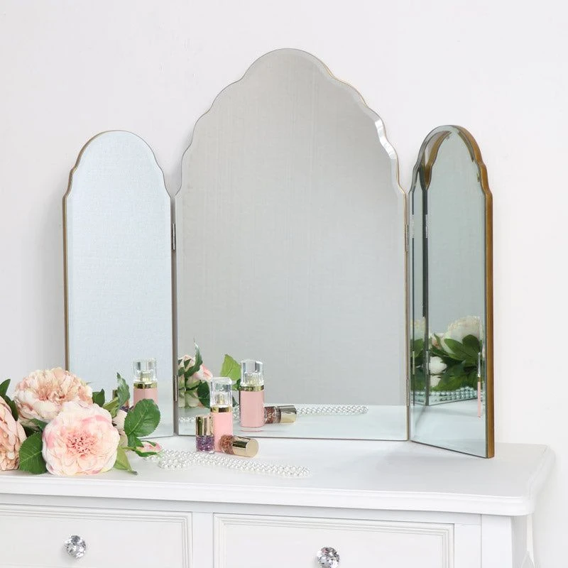 Image of Melody Maison Antique Gold Arched Triple Vanity Mirror 60cm X 72cm Metallic Gold