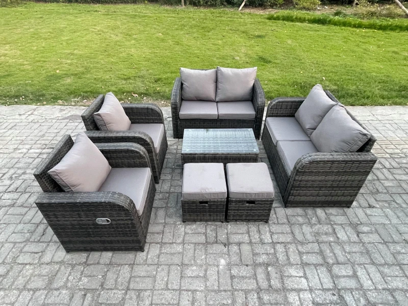 Image of Fimous 8 Seater Rattan Garden Furniture Set Patio Outdoor Lounge Sofa Set with Rectangular Coffee Table 2 Small Footstools Love Sofa Dark Grey