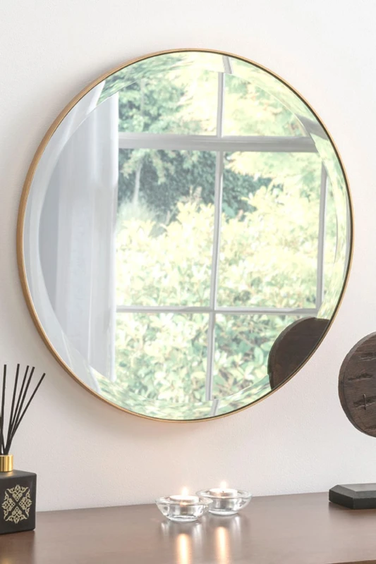 Image of Yearn Mirrors Yearn Mirrors Minimal round Bevelled Mirror Gold 46cm Gold One Size Unisex 0716053067623