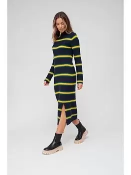 Image of Tommy Hilfiger Rib Slim Roll Neck Long Sleeve Wool Midi Dress - Navy, Multi Size M Women