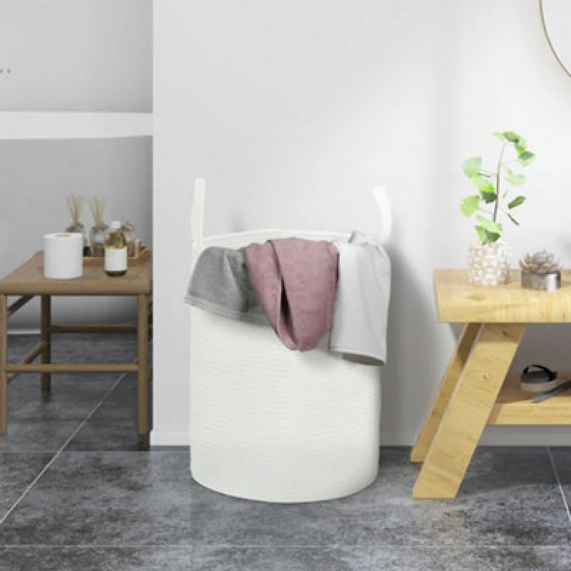 Image of HOMCOM 36L Cotton Rope Laundry Basket with Handles for Pillows Clothes Cream - Homcom 5056725591953