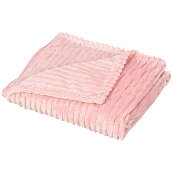 Image of HOMCOM Flannel Fleece Throw Blanket, Fluffy Warm Throw Blanket, Striped Reversible Travel Bedspread, Single Size, 152 x 128cm, Pink