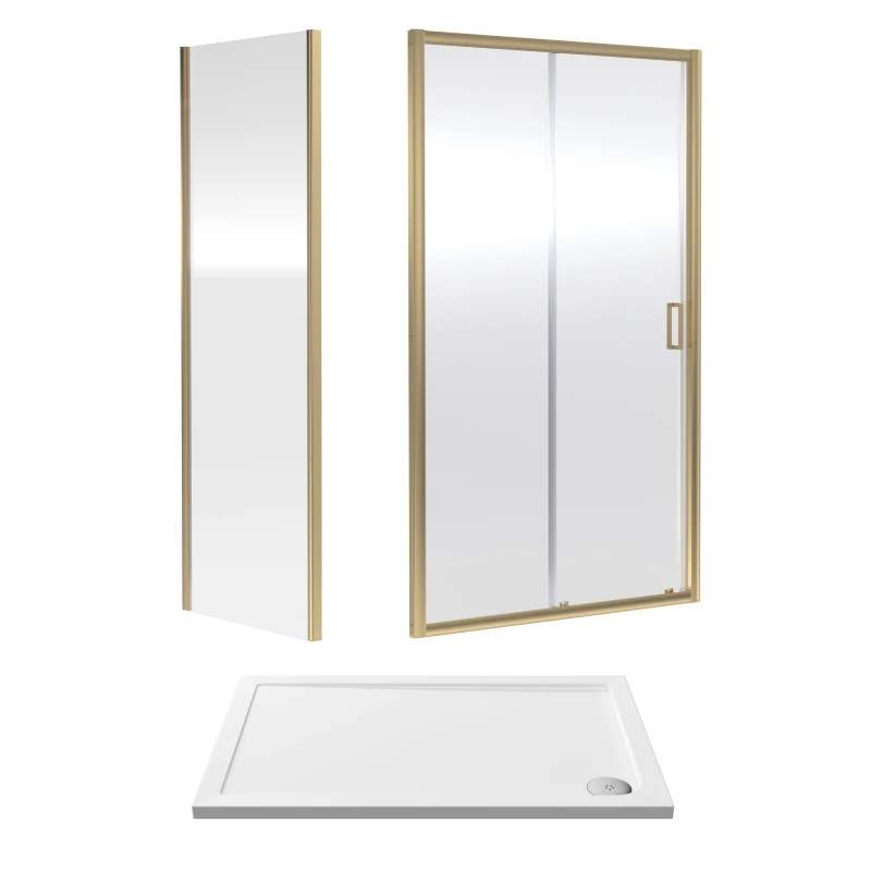 Image of Balterley Ruwa Sliding Shower Suite: 6mm Glass Tray Door Panel 1200x800mm Brass in Metallics Metallics Unisex