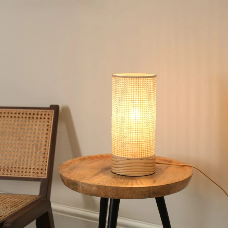 Image of ValueLights Elsa Pair of Natural Wooden Compact Table Lamps and LED Bulbs Natural
