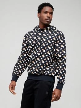 Image of BOSS Seeger Cotton Hooded Sweatshirt with New Season Print - Black, Size L, Men