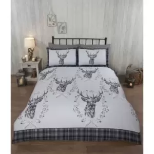 Image of Angus Stag Grey Single Duvet Cover Set 100% Brushed Cotton Reversible Checked Duvet Set - Grey