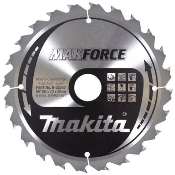Image of Makita Makita MAKFORCE B-32247 Carbide metal circular saw blade 190 x 30 x 1.4mm Number of cogs: 24 B-32247