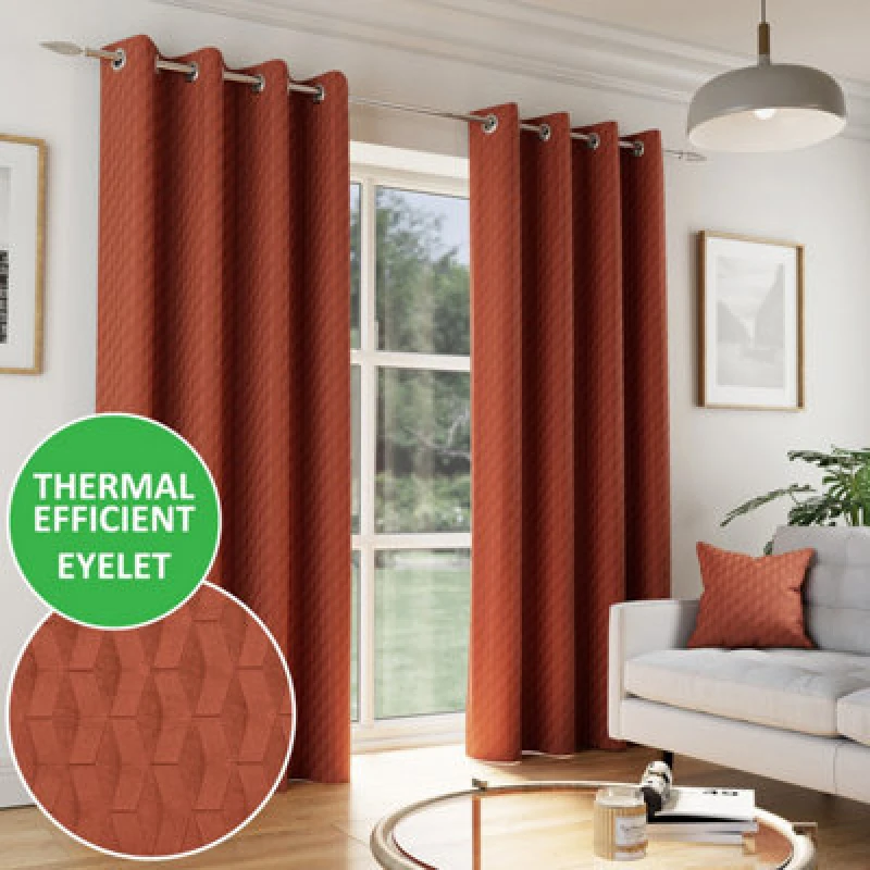 Image of Tokyo Thermal Geometric Embossed Ready Made Eyelet Blockout Curtains Orange