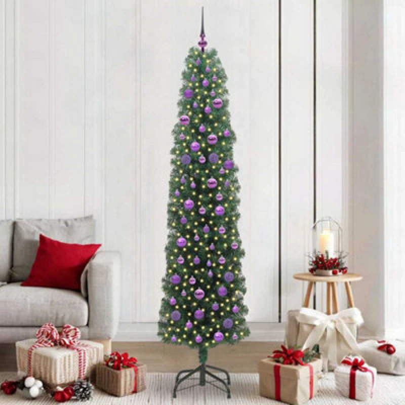 Image of vidaXL Artificial Christmas Tree with 300 LEDs, Lilac Balls with Stand Green 210 x 55 cm, Green 3394962
