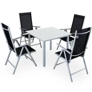 Image of Garden Dining Table Chairs Furniture Set Aluminum Frosted Glass Recliner Outdoor Silver