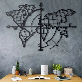 Image of World Map Compass - Black Decorative Metal Wall Accessory