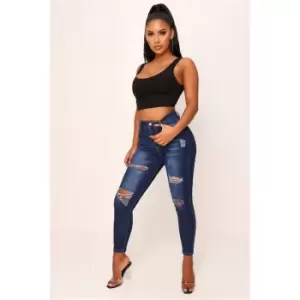 Image of I Saw It First Dark Blue Stretch Distressed Skinny Jeans - Blue