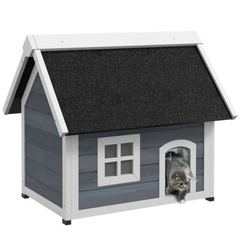 Image of PawHut Pawhut - Outdoor Feral Cat House with Openable Asphalt Roof - Grey 5056725535131