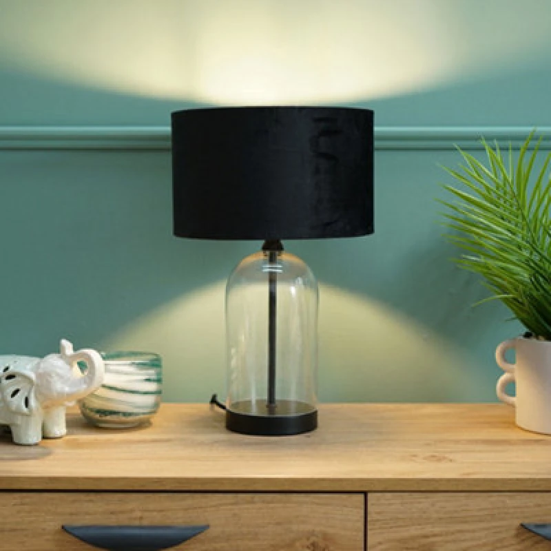 Image of ValueLights Jessy Black Glass Table Lamp With Black Velvet Shade Black