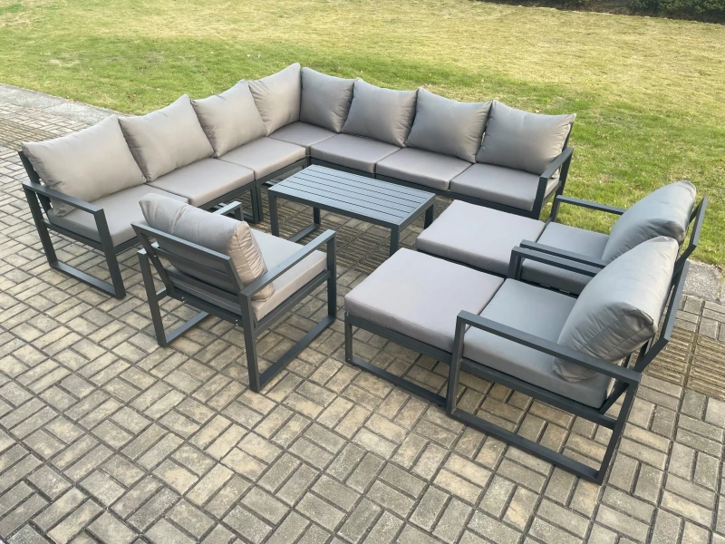 Image of Fimous Aluminium Outdoor Garden Furniture Set Lounge Corner Sofa 3 Pcs Chair Oblong Coffee Table Sets with 2 Big Footstools Dark Grey Dark Grey Unisex