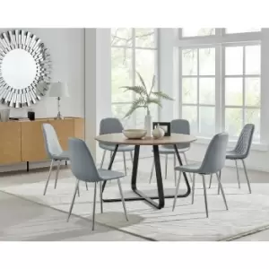 Image of Santorini Brown Round Dining Table And 6 Grey Corona Faux Leather Dining Chairs with Silver Legs Diamond Stitch - Elephant Grey