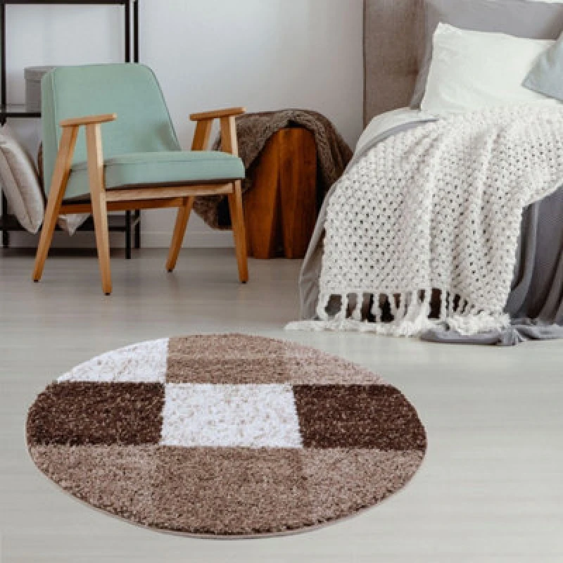 Image of THE RUGS Fluffy & Soft Shaggy Rugs Living Room Rug in Brown - Elegant Geometric Design Carpets For Bedrooms & Kitchen 381 Size: 120cm diameter Br