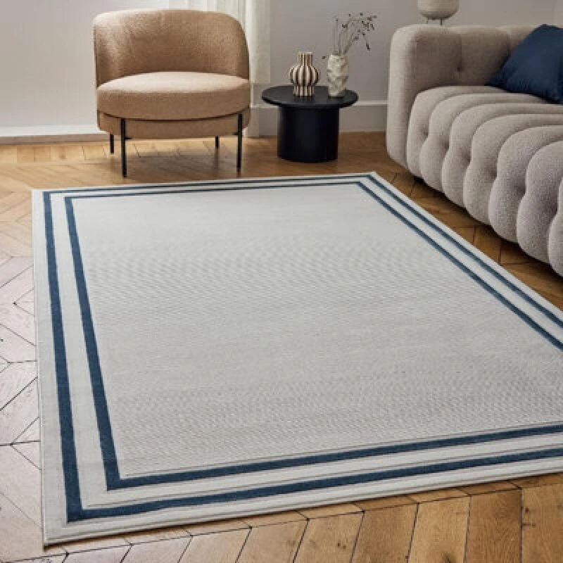 Image of THE RUGS Carmel Modern Area Rugs & Runners Bordered Design Soft Pile in Navy Size: 80cm x 300cm Navy Unisex 80cm x 300 cm