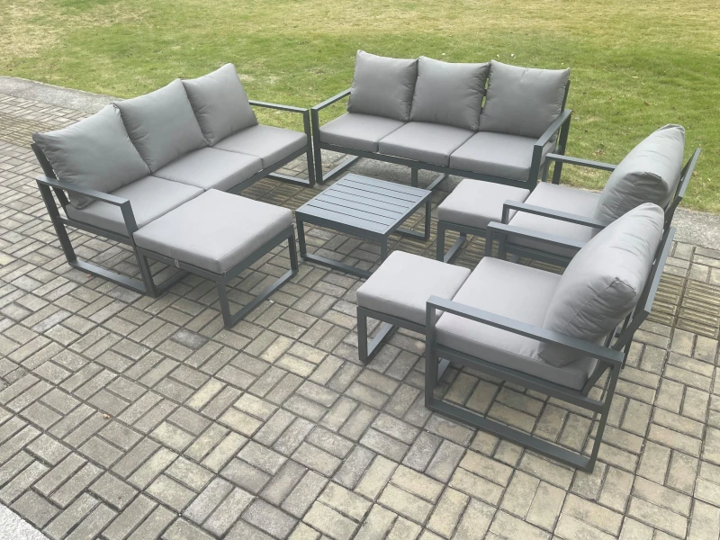 Image of Fimous Aluminium Outdoor Garden Furniture Set Patio Lounge Sofa with Square Coffee Table 2 Armchairs 3 Footstools Dark Grey Dark Grey Unisex