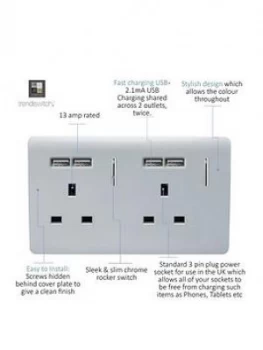 Image of Trendiswitch 2 Gang 13Amp Switched 2G Socket With 4X 2.1Mah USB Std Silver