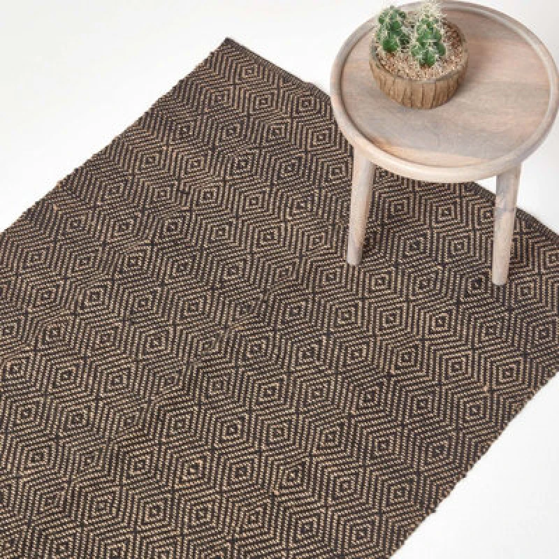 Image of Homescapes Black Geometric Jute Rug 60 X 100 Cm