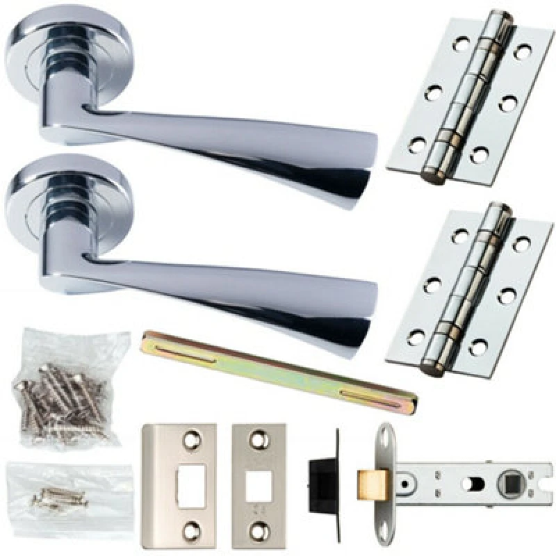 Image of Loops Door Handle & Latch Pack Chrome Modern Curved Twisted Bar Screwless Round Rose Multi