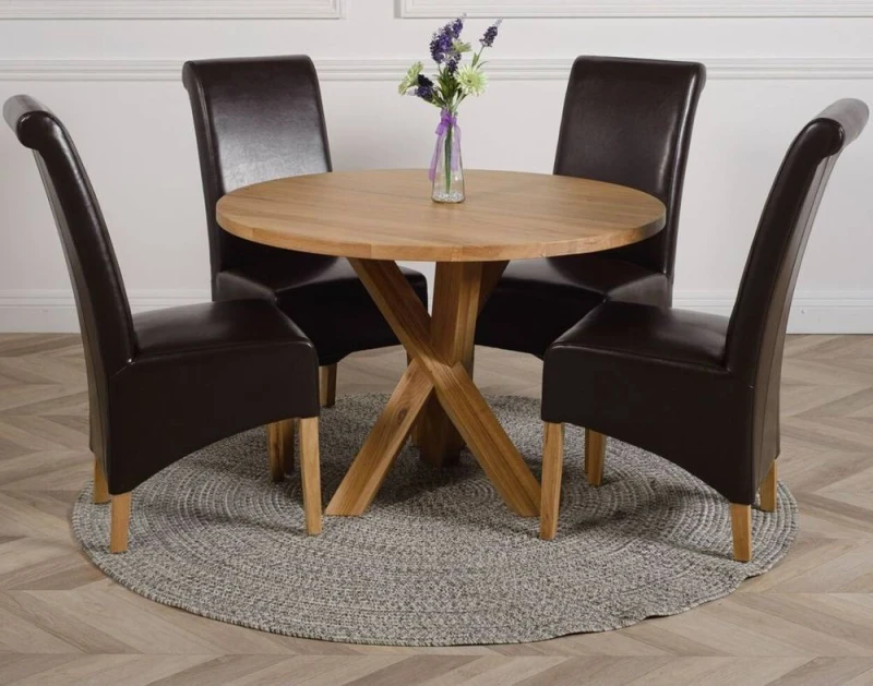 Image of Thats Furniture Oregon Round Oak Dining Table & 4 Montana Leather Chairs in Brown Brown Unisex