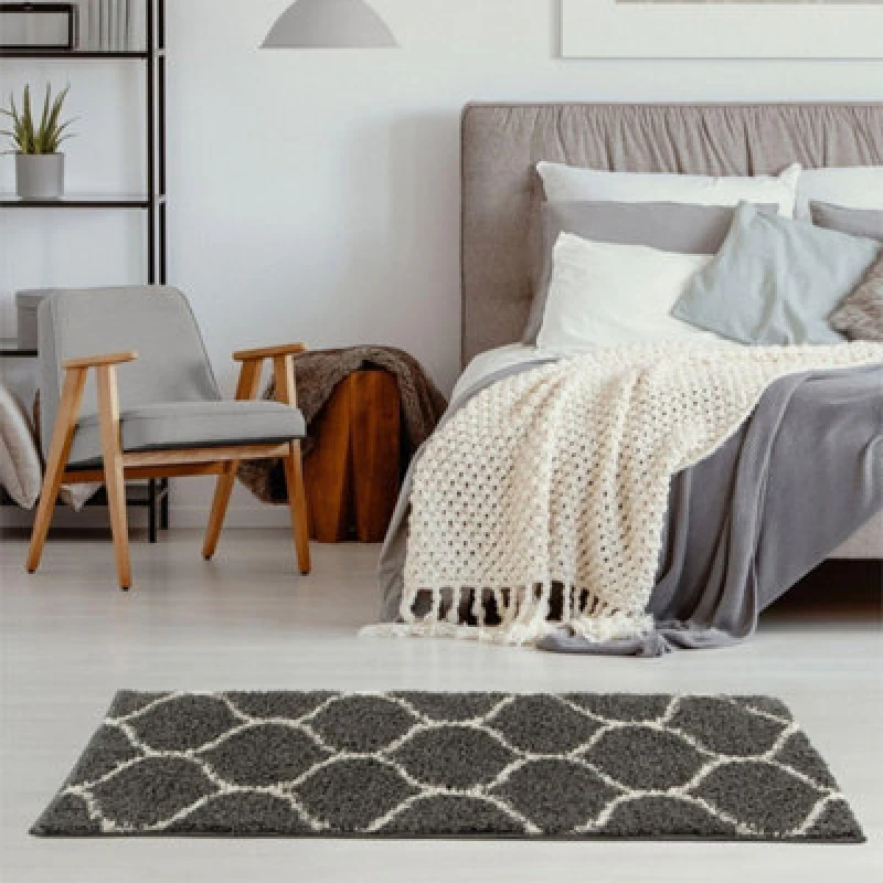 Image of THE RUGS Soft Trellis Shaggy Rugs & Runners Dark Grey Living Room Size: 80cm x 150cm Dark Grey Unisex 80cm x 150 cm