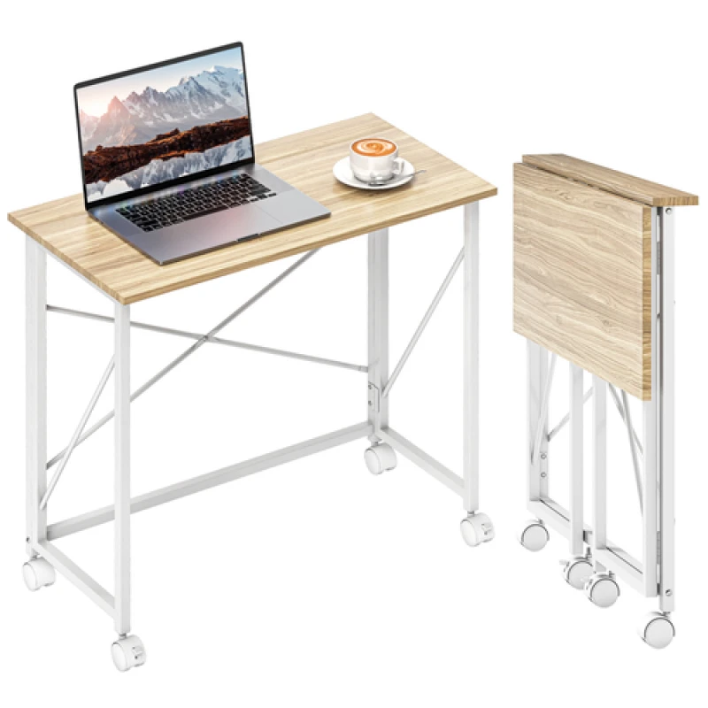 Image of HOMCOM Folding Desk on Wheels, Writing Table for Home Office, Natural, Brown 836-606V00ND