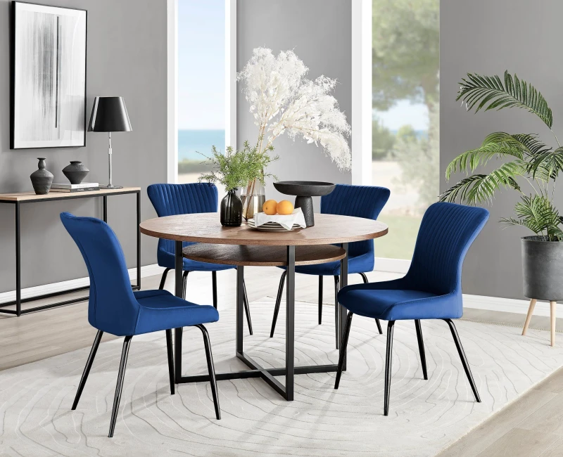 Image of FurnitureboxUK FurnitureboxUK Adley Brown Wood Storage Dining Table & 4 Nora Black Leg Chairs in Blue Blue One Size Unisex 5056542686566
