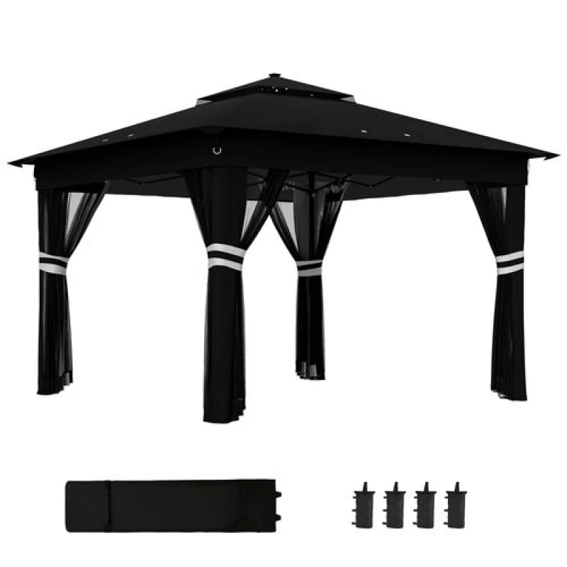 Image of Outsunny 3x3(m) Pop Up Gazebo w/ Solar-Powered LED Lights Netting Black 84C-483V01BK