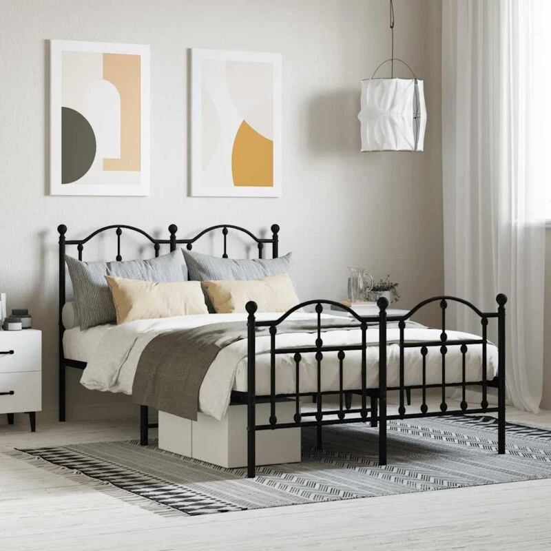 Image of Vidaxl Metal Bed Frame Without Mattress With Footboard Black 120X200 Cm, Black 353455