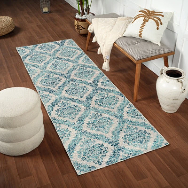 Image of Livabliss Vintage Oriental Boho Teal Malti Runner Rug 80 X 220 Cm - Easy Care, Non Shedding, Ideal For Hallway Or Beside The Bed