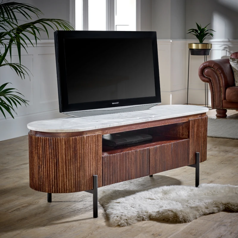 Image of Indian Hub Opal Mango Wood TV Cabinet With Marble Top & Metal Legs