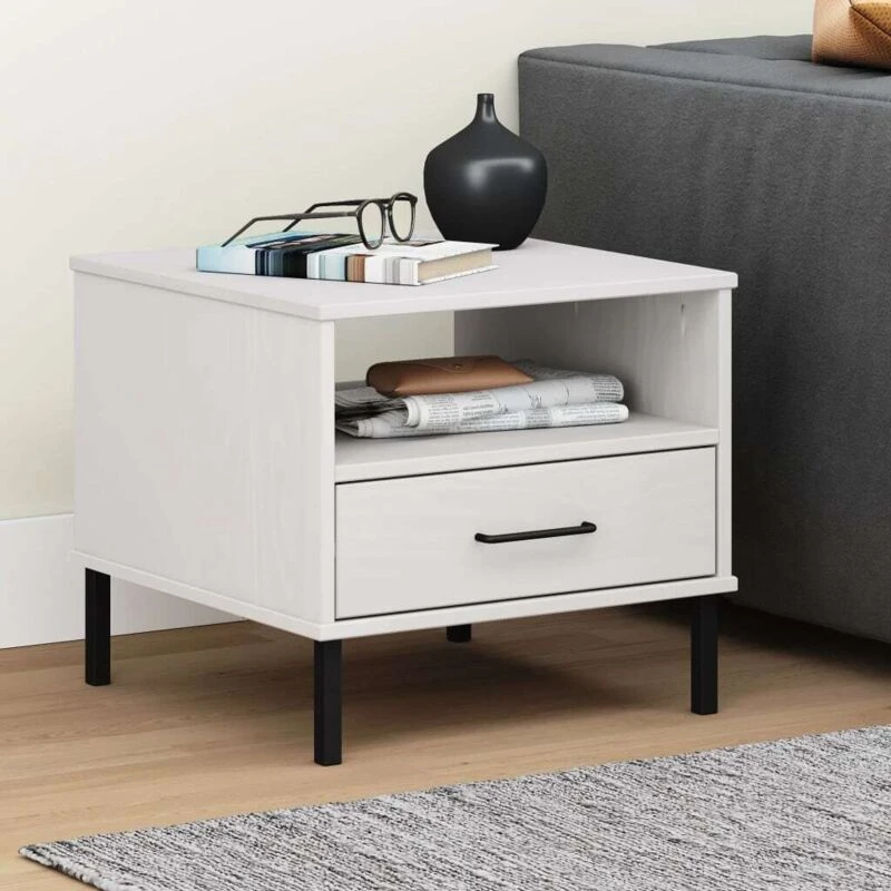 Image of Vidaxl Bedside Table With Metal Legs White Solid Wood Pine Oslo, White 351032