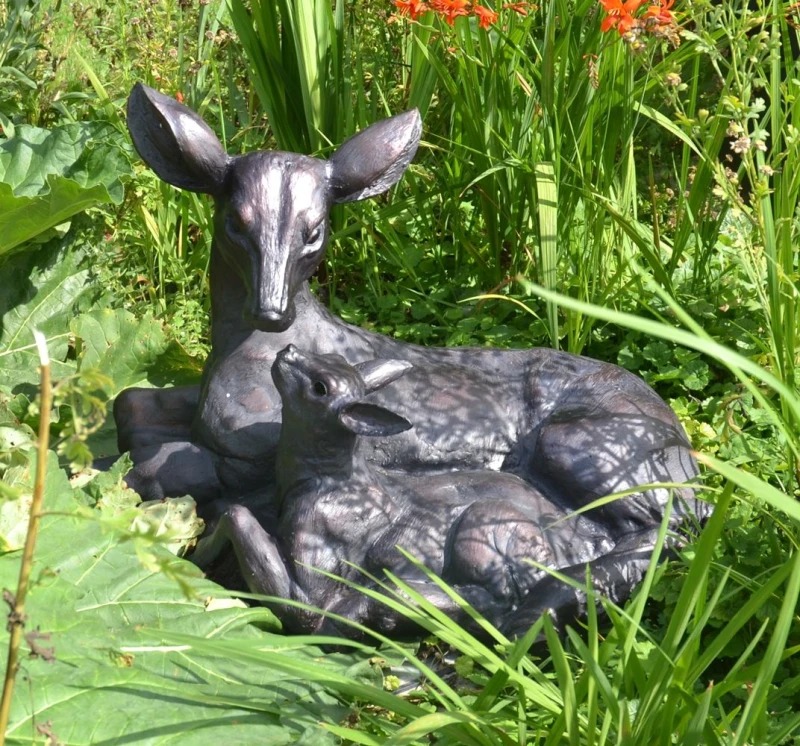 Image of Inspirational Gifting Large Doe & Baby Fawn Laying Deer Garden Ornament Sculpture Hand Crafted in Bronze Bronze Unisex