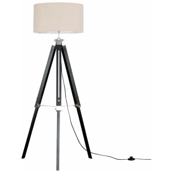 Image of Modern Wooden Tripod Floor Lamp with a Cotton Light Shade - Beige