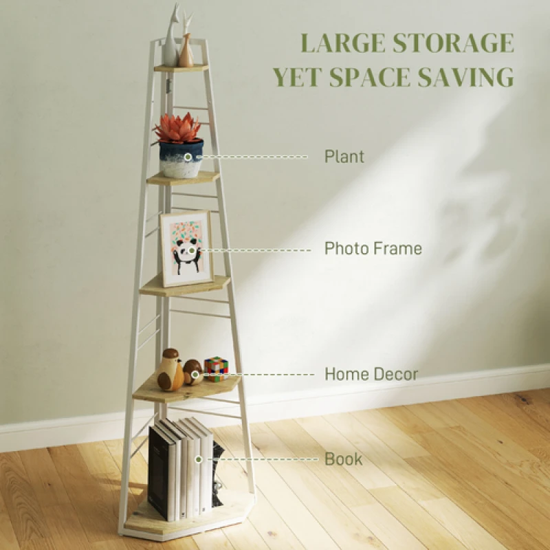 Image of HOMCOM HOMCOM 5-Tier Corner Shelf, Storage Unit with Foldable Steel Frame in Natural Natural One Size Unisex 5063603992566