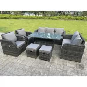 Image of Fimous 7 Seater Outdoor Dark Grey Mixed Rattan Corner Sofa Set with Adjustable Dining Table and 2 Stools