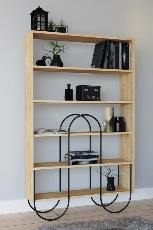 Image of FWStyle 5 Shelf Modern Shelving Display Unit Natural Oak Curved Metal Frame Brown