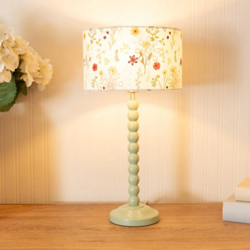 Image of ValueLights Bobbins Sage Green Table Lamp with Floral Embroidered Drum Lamp Shade Pale Green