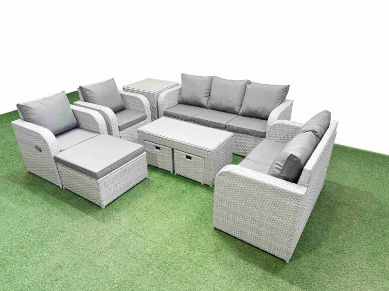 Image of Fimous PE Rattan Garden Furniture Set Adjustable Chair Sofa Double Love Seat 2 Seater Sofa Lounge Set Rectangular Coffee Table 3 Stools Side Table Lig