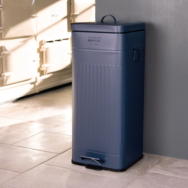 Image of 30L Retro Steel Square Kitchen Bin Dark Blue