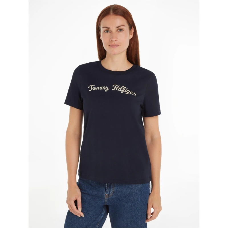 Image of Tommy Hilfiger Womens Script Short-Sleeve Regular Fit T-Shirt Desert Sky female 8 (XS)