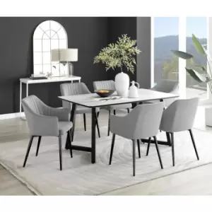 Image of Furniturebox UK - Furniturebox Carson White Marble Effect Rectangular 160cm Dining Table & 6 Grey Calla Black Leg Velvet Chairs
